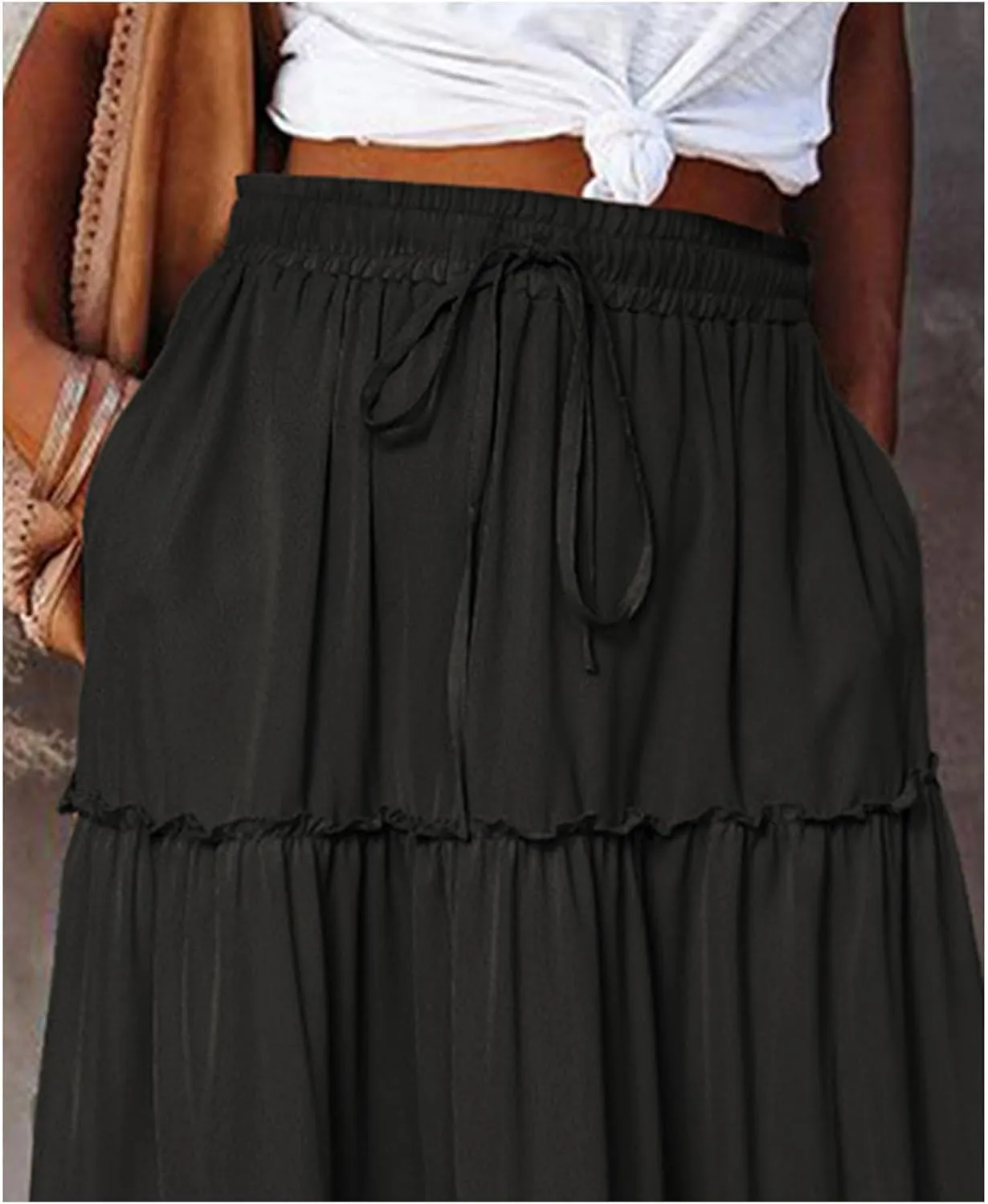 Womens Bohemian Long Maxi Skirt Elastic High Waist Flowy Swing A Line Ruffle Tiered Maxi Skirt Long Beach Skirts