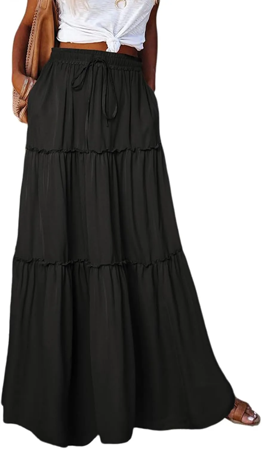 Womens Bohemian Long Maxi Skirt Elastic High Waist Flowy Swing A Line Ruffle Tiered Maxi Skirt Long Beach Skirts