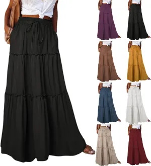 Womens Bohemian Long Maxi Skirt Elastic High Waist Flowy Swing A Line Ruffle Tiered Maxi Skirt Long Beach Skirts