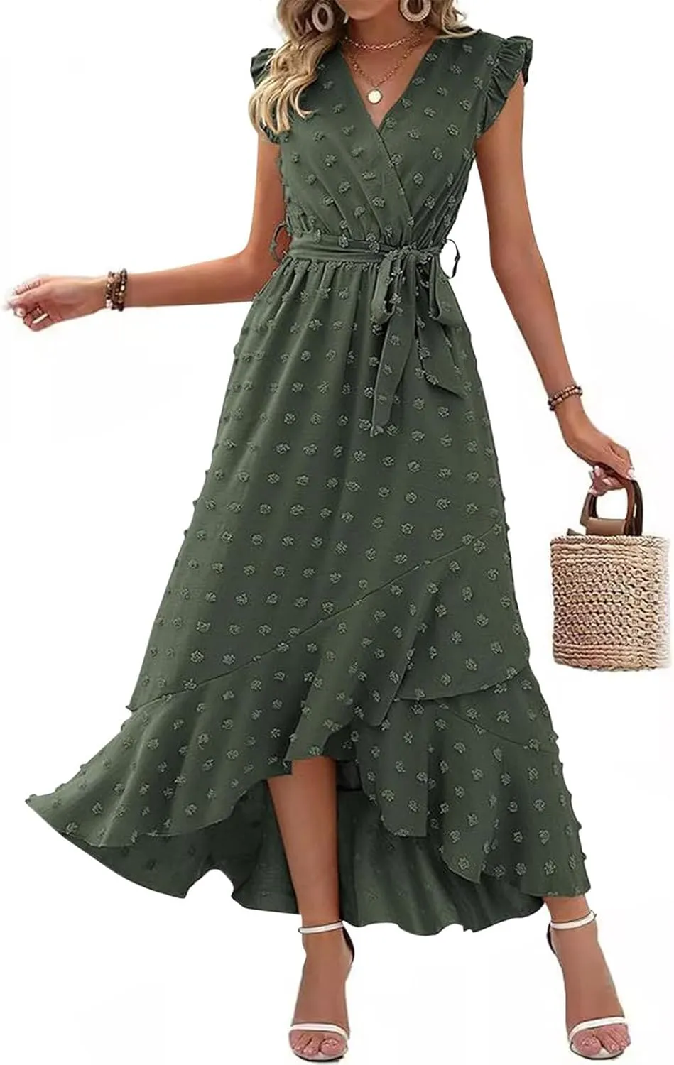 Women's Bohemian Swiss Dot Wrap V Neck Sleeveless Beach Party Maxi Dress Elegant Wedding Guest Sundresses