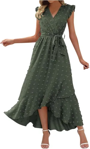 Women's Bohemian Swiss Dot Wrap V Neck Sleeveless Beach Party Maxi Dress Elegant Wedding Guest Sundresses