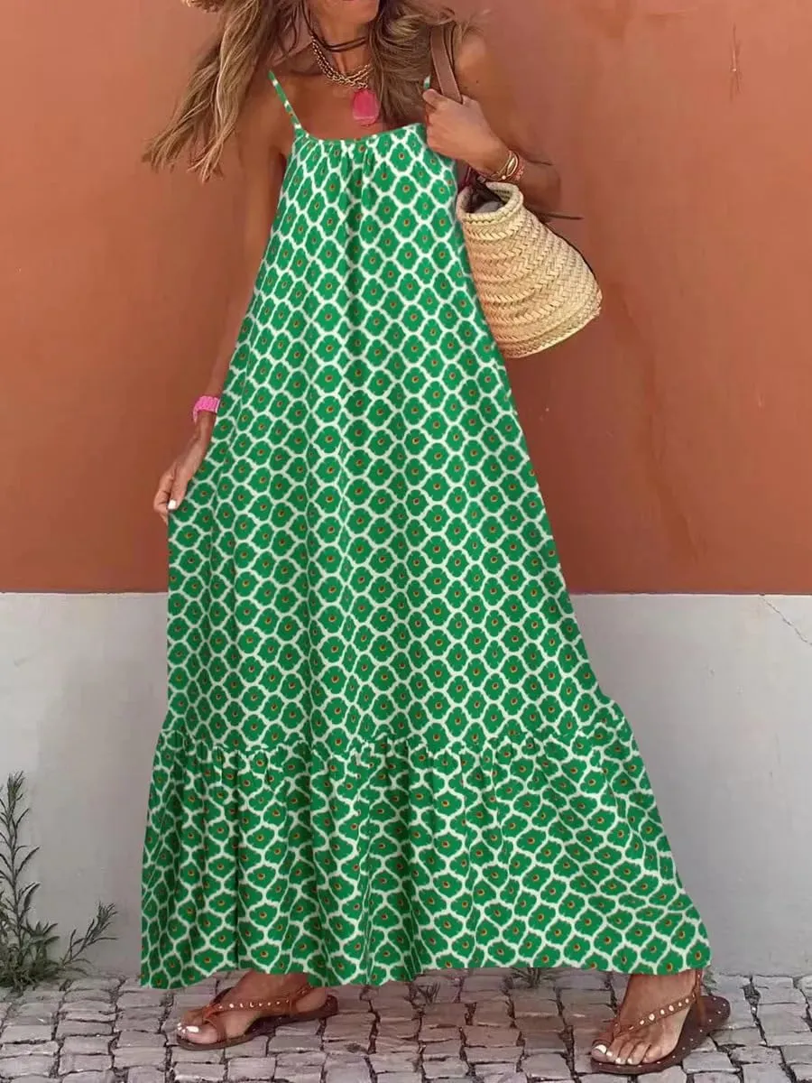 Womens Boho Floral Print Sleeveless Maxi Dress Casual Spaghetti Strap Ruffle Tiered Long Summer Beach Dresses