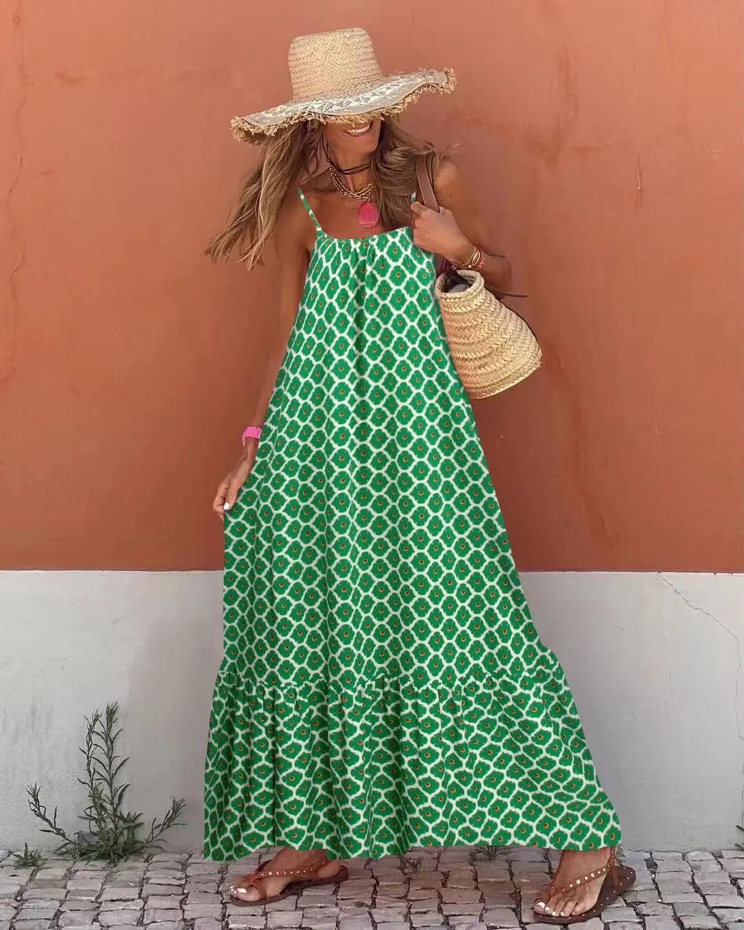 Womens Boho Floral Print Sleeveless Maxi Dress Casual Spaghetti Strap Ruffle Tiered Long Summer Beach Dresses