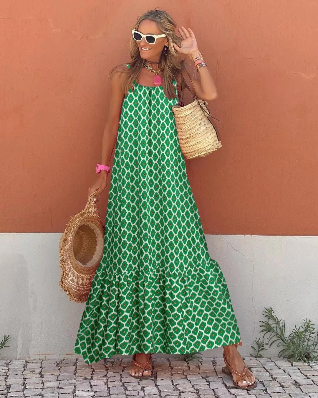 Womens Boho Floral Print Sleeveless Maxi Dress Casual Spaghetti Strap Ruffle Tiered Long Summer Beach Dresses