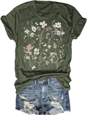 Womens Boho Floral Shirt Vintage Flower Graphic Tee T-Shirt Summer Short Sleeve T Shirts Cute T Shirt Tops