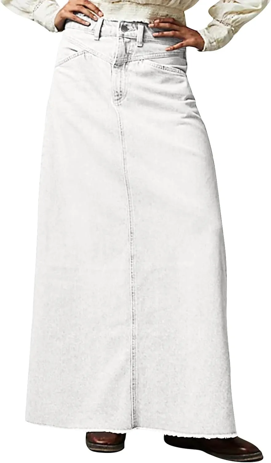 Women's Boho Skirts Summer Casual Loose Trendy Elastic Waist Solid Color Sun Beach Long Maxi Denim Skirt, S-XL
