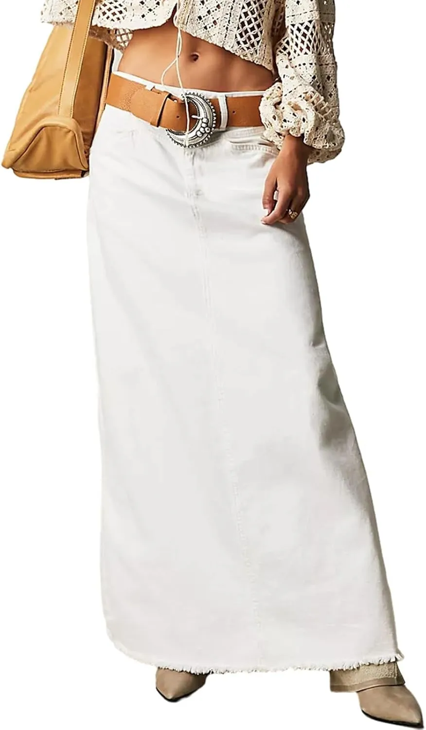 Women's Boho Skirts Summer Casual Loose Trendy Elastic Waist Solid Color Sun Beach Long Maxi Denim Skirt, S-XL