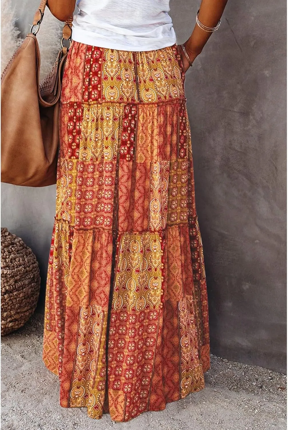 Womens Boho Tiered High Waist Tie Paisley Floral Print Long Maxi Skirt with Pockets
