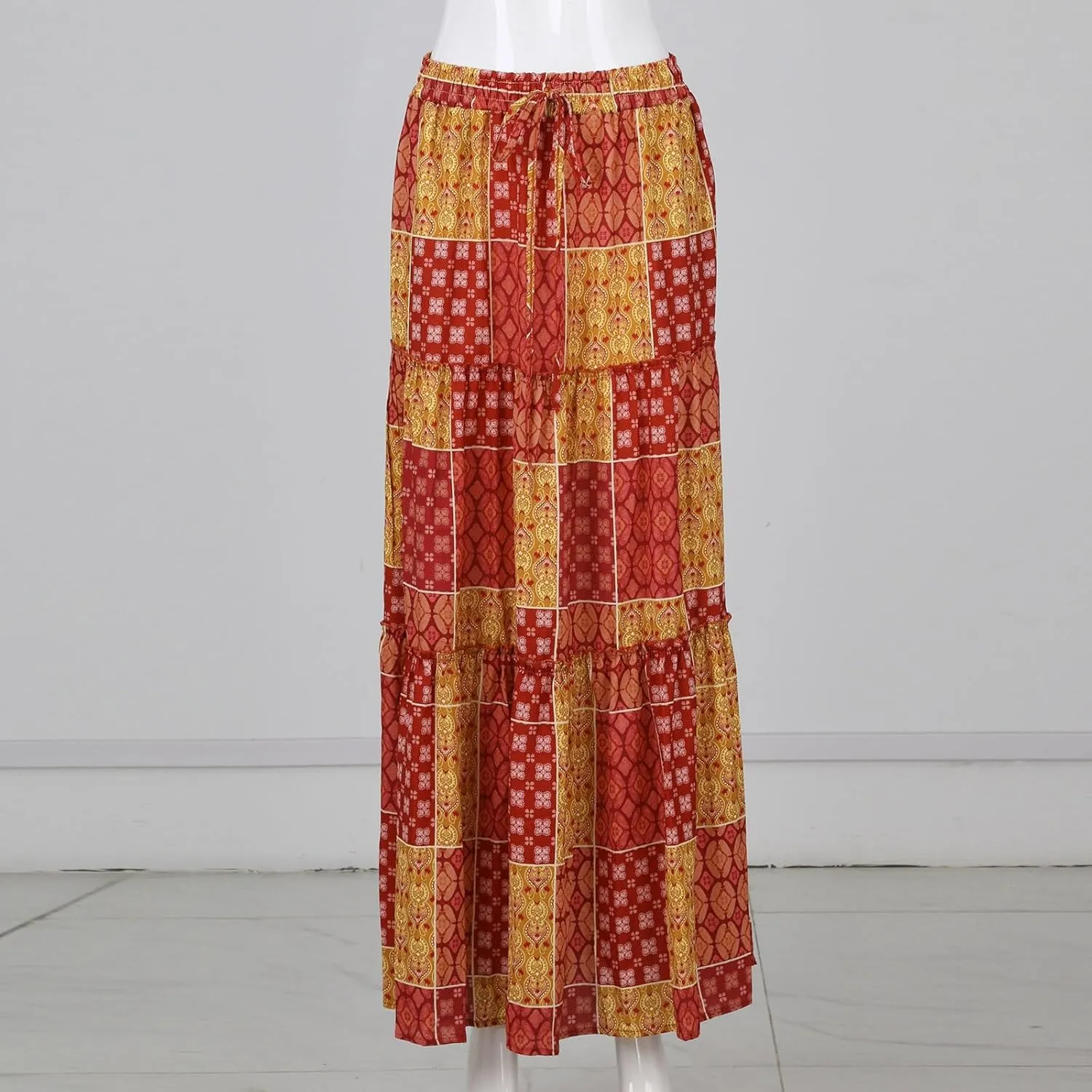 Womens Boho Tiered High Waist Tie Paisley Floral Print Long Maxi Skirt with Pockets