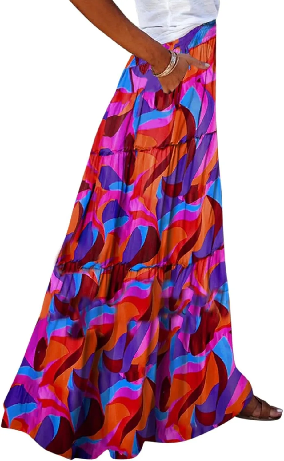 Womens Boho Tiered High Waist Tie Paisley Floral Print Long Maxi Skirt with Pockets