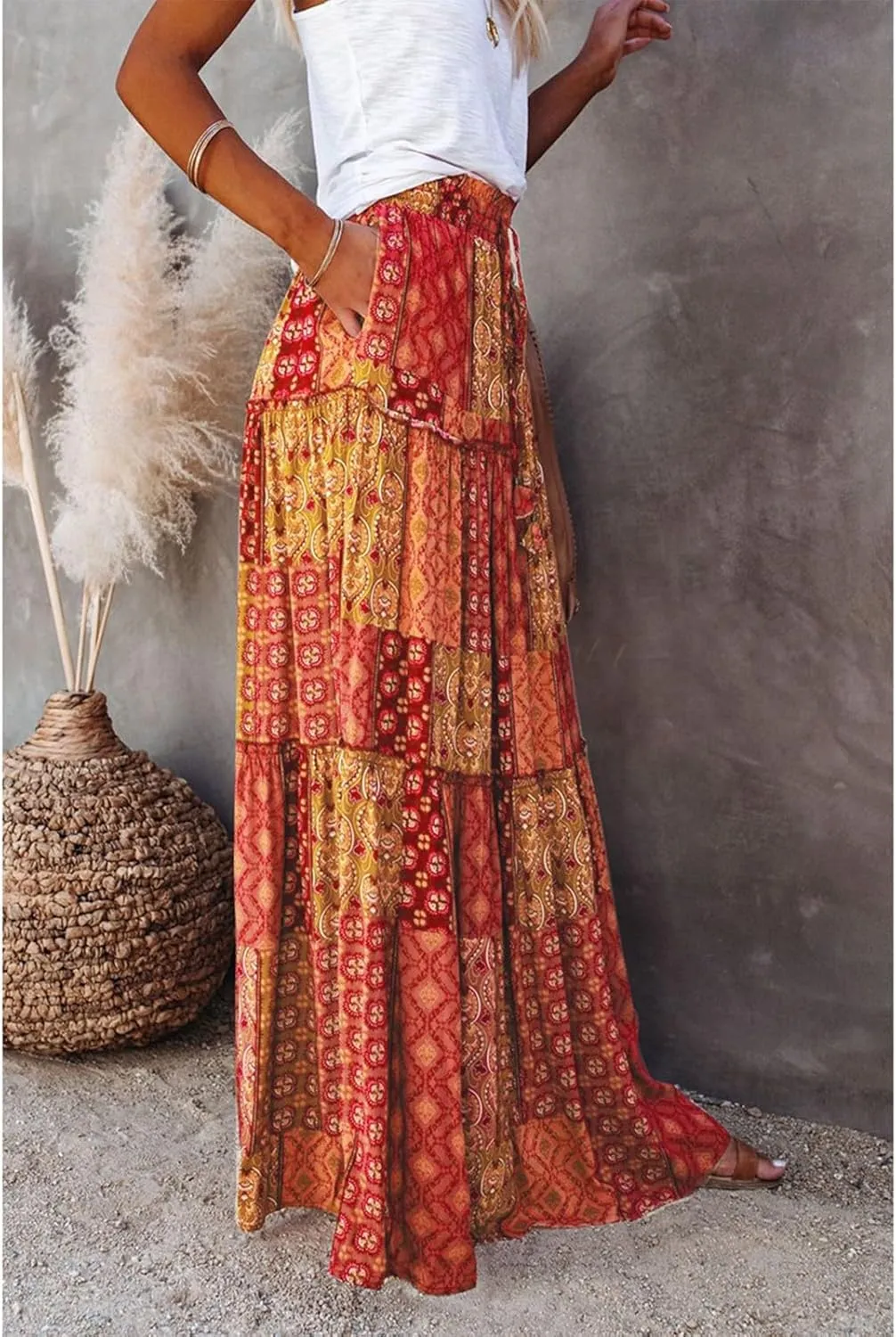 Womens Boho Tiered High Waist Tie Paisley Floral Print Long Maxi Skirt with Pockets