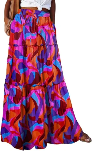 Womens Boho Tiered High Waist Tie Paisley Floral Print Long Maxi Skirt with Pockets