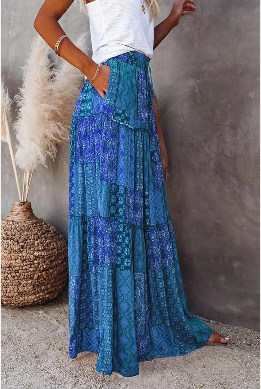 Womens Boho Tiered High Waist Tie Paisley Floral Print Long Maxi Skirt with Pockets