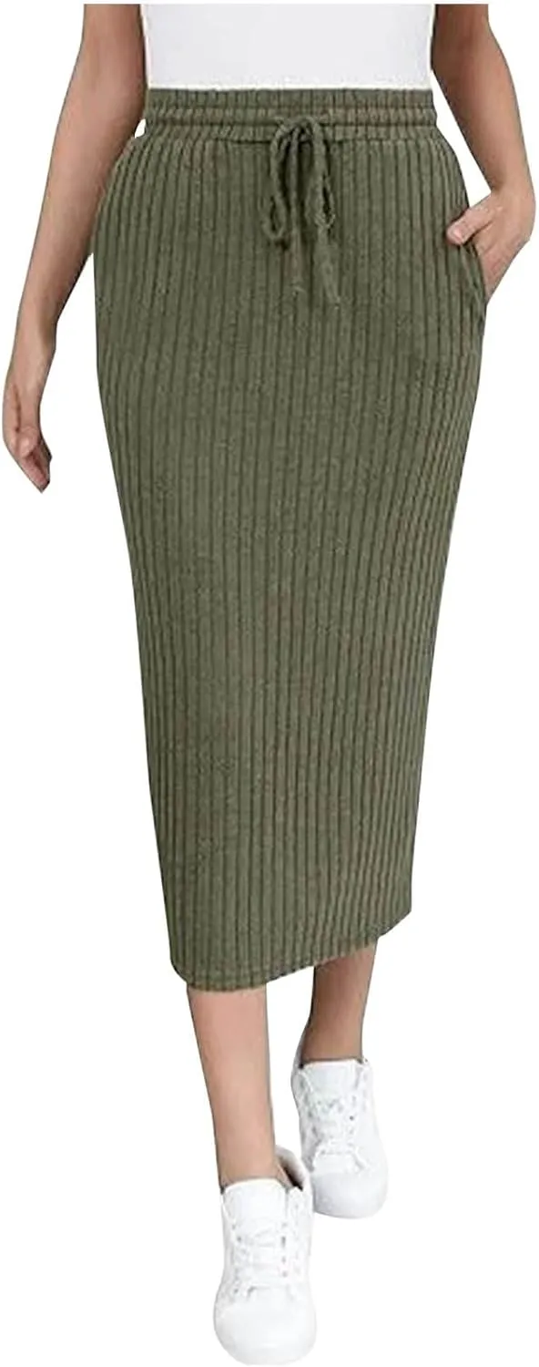 Women's Business Ribbed Knit Midi Skirts High Waist Drawstring Bodycon Skirt Fashion Slim Fit Work Office Skirts