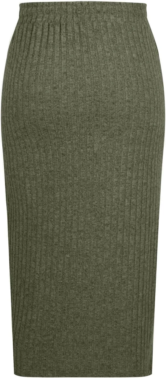 Women's Business Ribbed Knit Midi Skirts High Waist Drawstring Bodycon Skirt Fashion Slim Fit Work Office Skirts