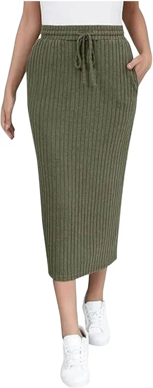 Women's Business Ribbed Knit Midi Skirts High Waist Drawstring Bodycon Skirt Fashion Slim Fit Work Office Skirts