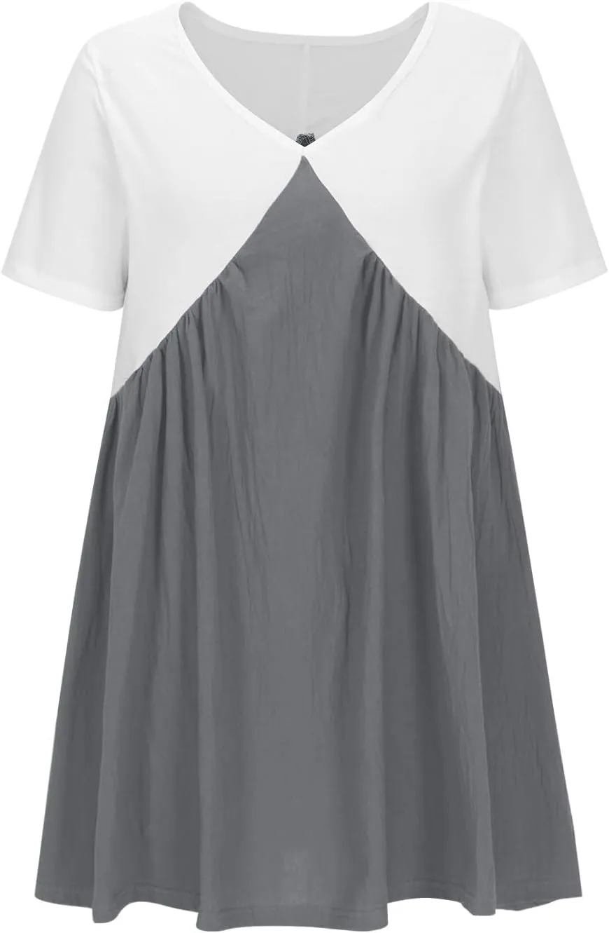 Women's Casual Dresses Color Block V Neck Short Sleeve Swing Dress Flowy Summer Vacation Beach A-Line Mini Sundress