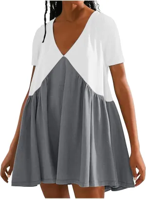Women's Casual Dresses Color Block V Neck Short Sleeve Swing Dress Flowy Summer Vacation Beach A-Line Mini Sundress
