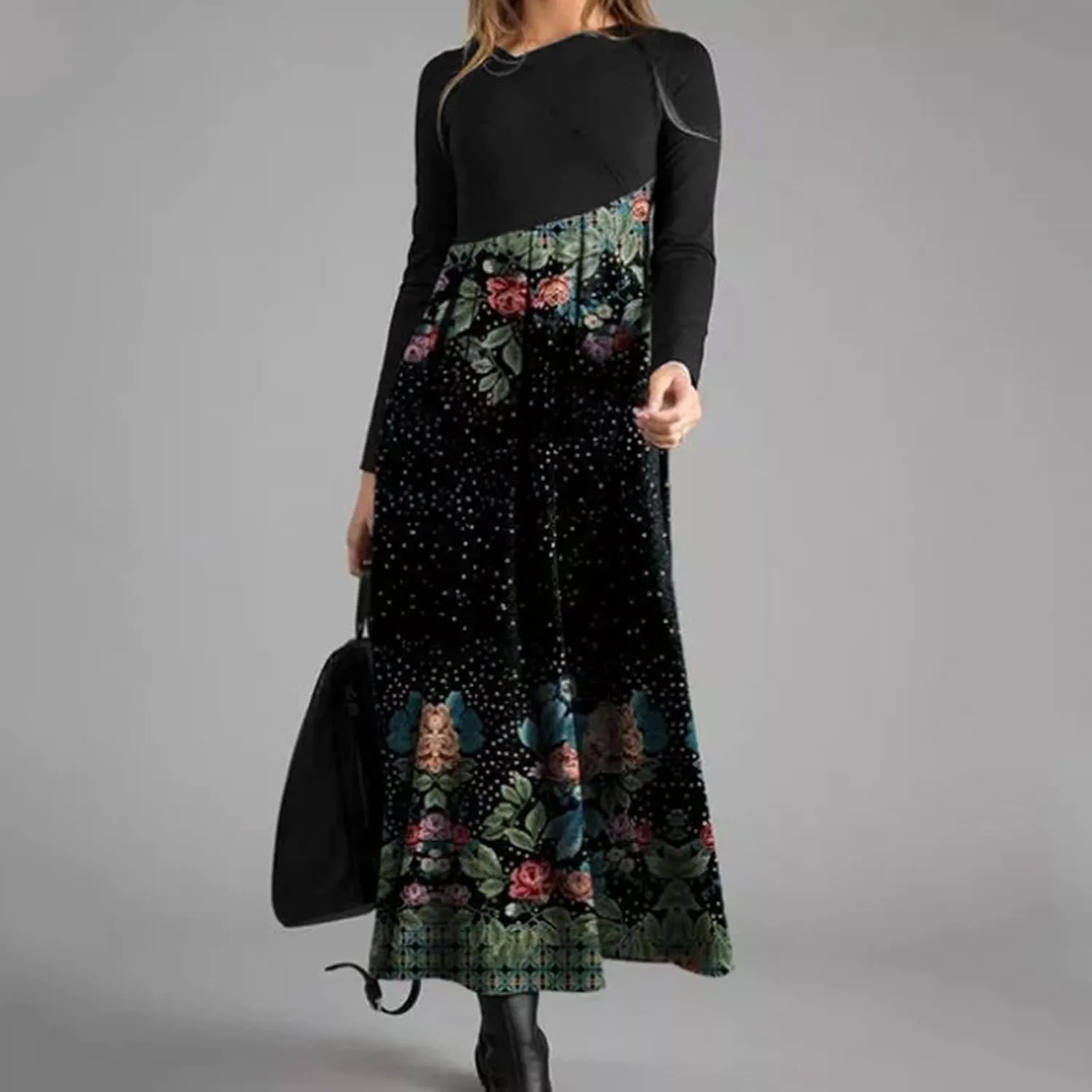 Women's Casual Dresses Plus Size Color Block Long Sleeve Dress Loose Fit Boho Floral Print Flowy Swing Maxi Dress