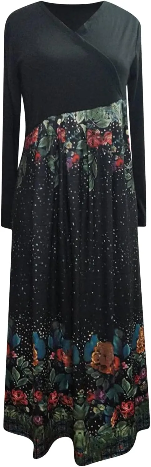Women's Casual Dresses Plus Size Color Block Long Sleeve Dress Loose Fit Boho Floral Print Flowy Swing Maxi Dress