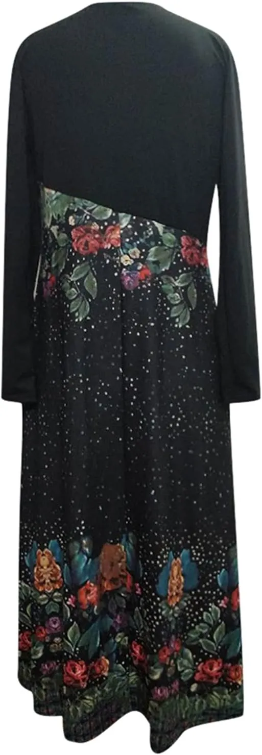 Women's Casual Dresses Plus Size Color Block Long Sleeve Dress Loose Fit Boho Floral Print Flowy Swing Maxi Dress