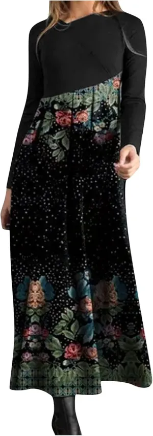 Women's Casual Dresses Plus Size Color Block Long Sleeve Dress Loose Fit Boho Floral Print Flowy Swing Maxi Dress
