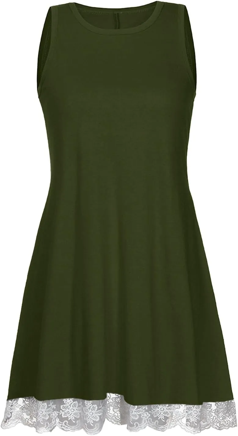 Women's Casual Dresses Trendy Beach Vacation Dress Hem Lace Patchwork Mini Sundress Sleeveless Round Neck Dress