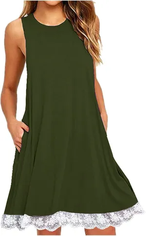 Women's Casual Dresses Trendy Beach Vacation Dress Hem Lace Patchwork Mini Sundress Sleeveless Round Neck Dress