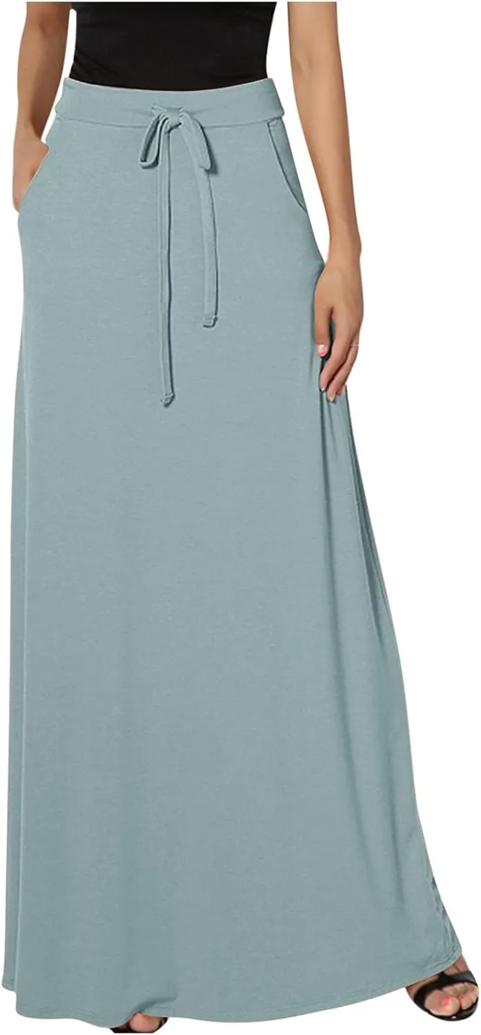 Women's Casual Maxi Skirts A Line Summer Skirts Drawstring Waist Boho Beach Skirt Boho Flowy Long Skirts Resort Wear