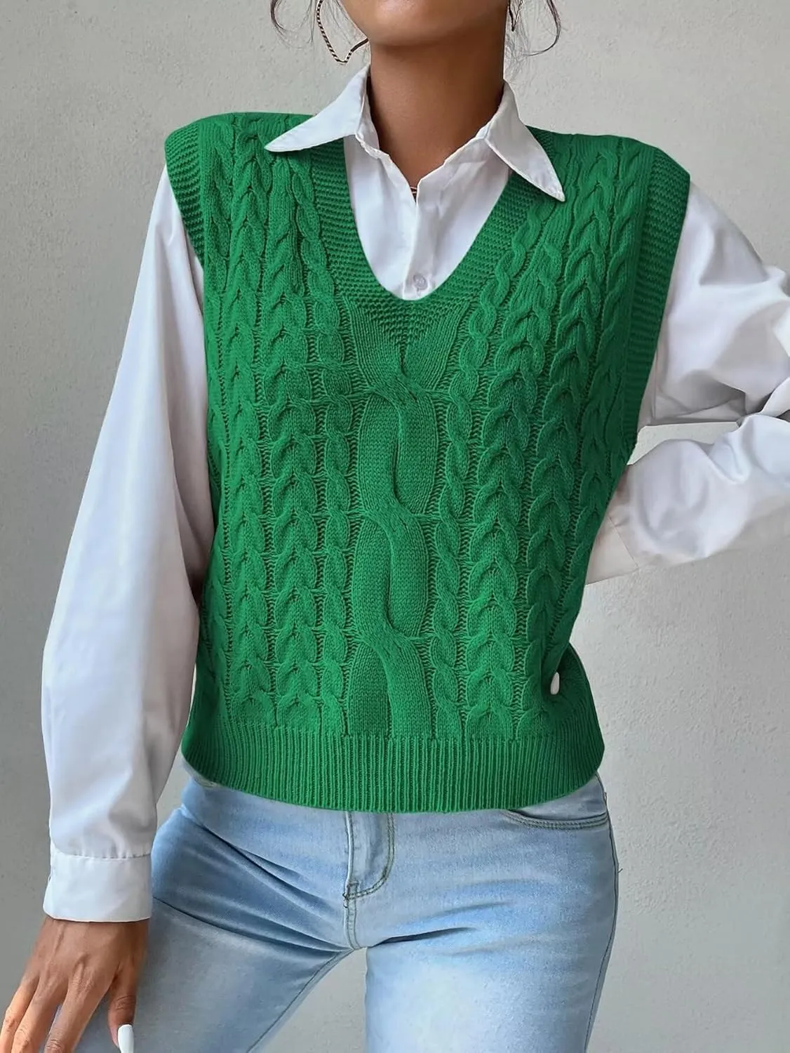 Women's Casual V Neck Cable Knit Sweater Vest Solid Sleeveless Tank Tops Women Vest