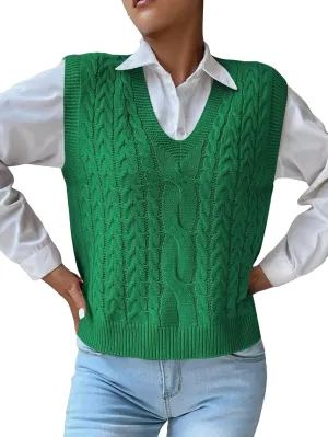 Women's Casual V Neck Cable Knit Sweater Vest Solid Sleeveless Tank Tops Women Vest