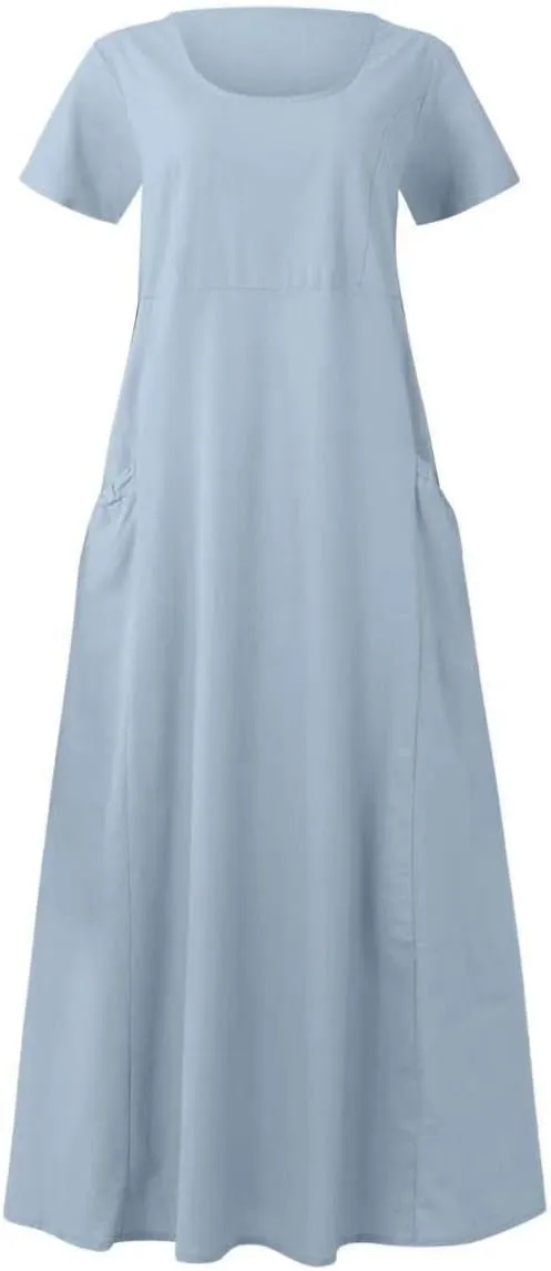 Women's Cotton Linen Dress Plus Size Round Neck Short Sleeve Solid Color Dresses with Pocket Flowy Casual Midi Dress