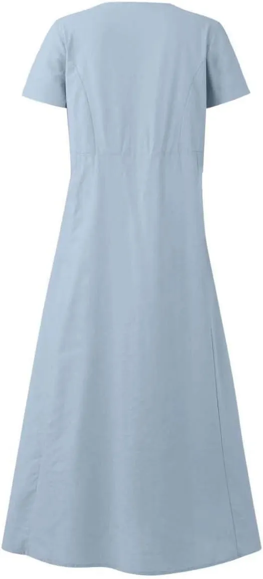 Women's Cotton Linen Dress Plus Size Round Neck Short Sleeve Solid Color Dresses with Pocket Flowy Casual Midi Dress