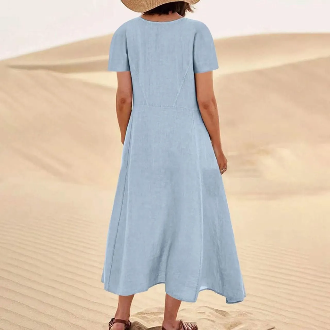 Women's Cotton Linen Dress Plus Size Round Neck Short Sleeve Solid Color Dresses with Pocket Flowy Casual Midi Dress