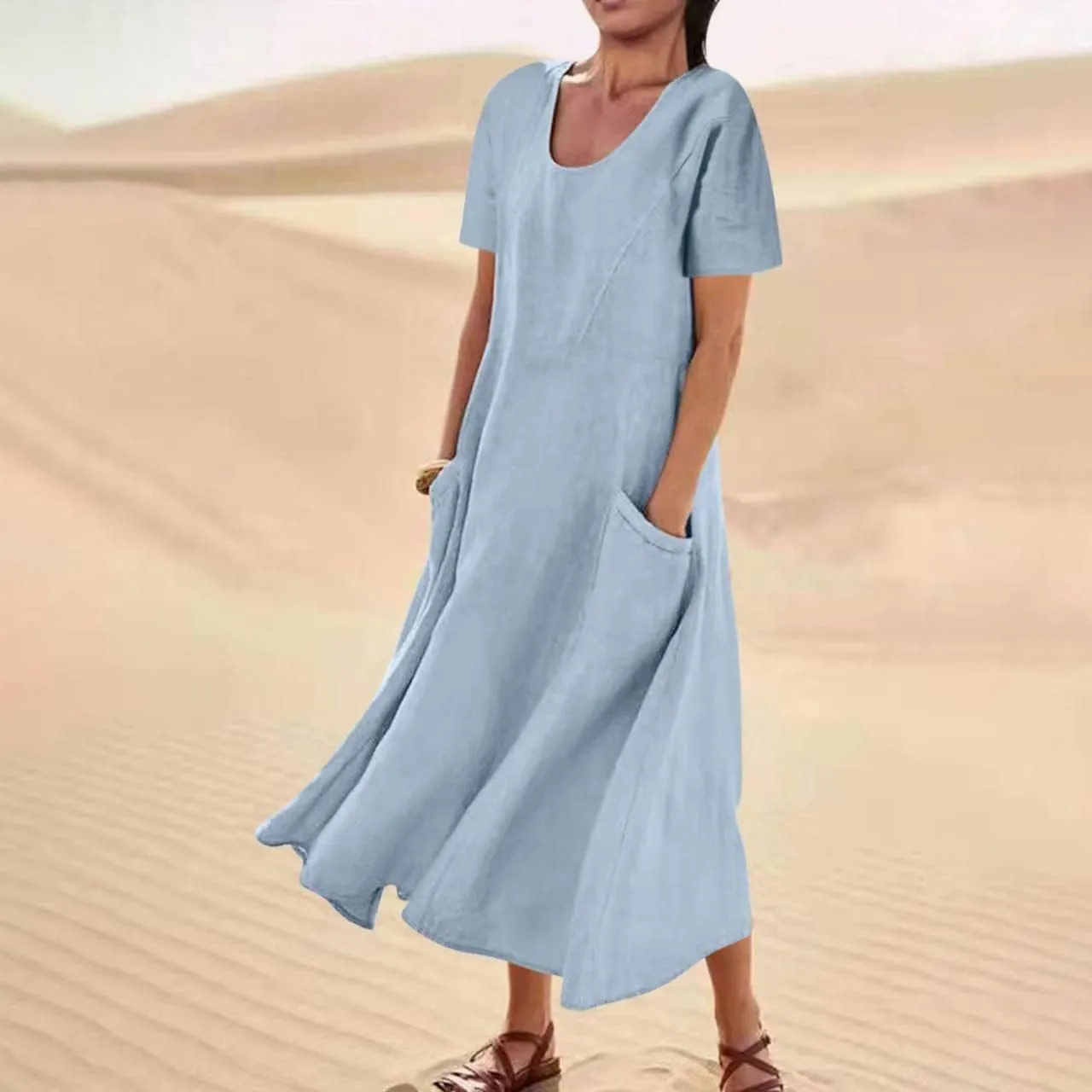 Women's Cotton Linen Dress Plus Size Round Neck Short Sleeve Solid Color Dresses with Pocket Flowy Casual Midi Dress