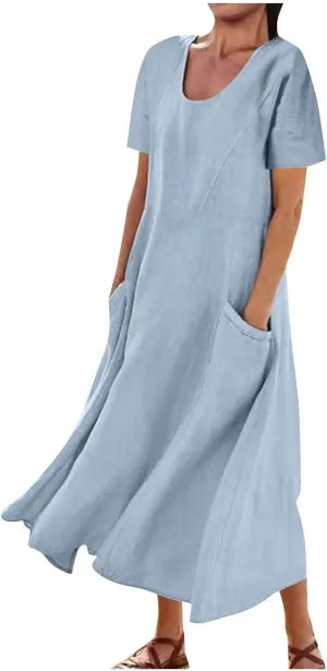 Women's Cotton Linen Dress Plus Size Round Neck Short Sleeve Solid Color Dresses with Pocket Flowy Casual Midi Dress