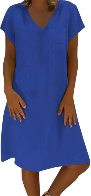 Women's Cotton Linen Dresses 2025 Summer Cup Sleeve Comfy Travel Sundresses Beach Vacation Wear Trendy Dress Outfits