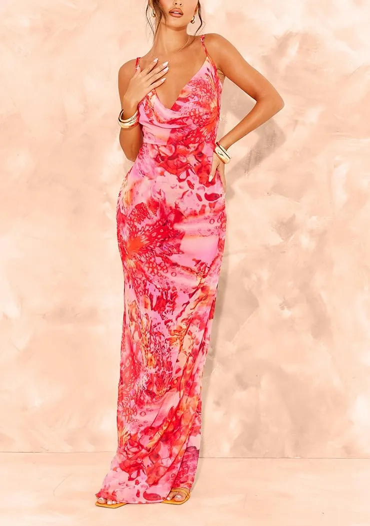 Womens Cowl Neck Dress Floral Print Backless Maxi Dresses Wedding Guest Beach Dresses