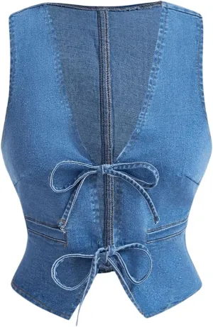 Women's Denim Crop Vest Shirts Tie Front Sleeveless Deep V Jean Waistcoast Tank Top