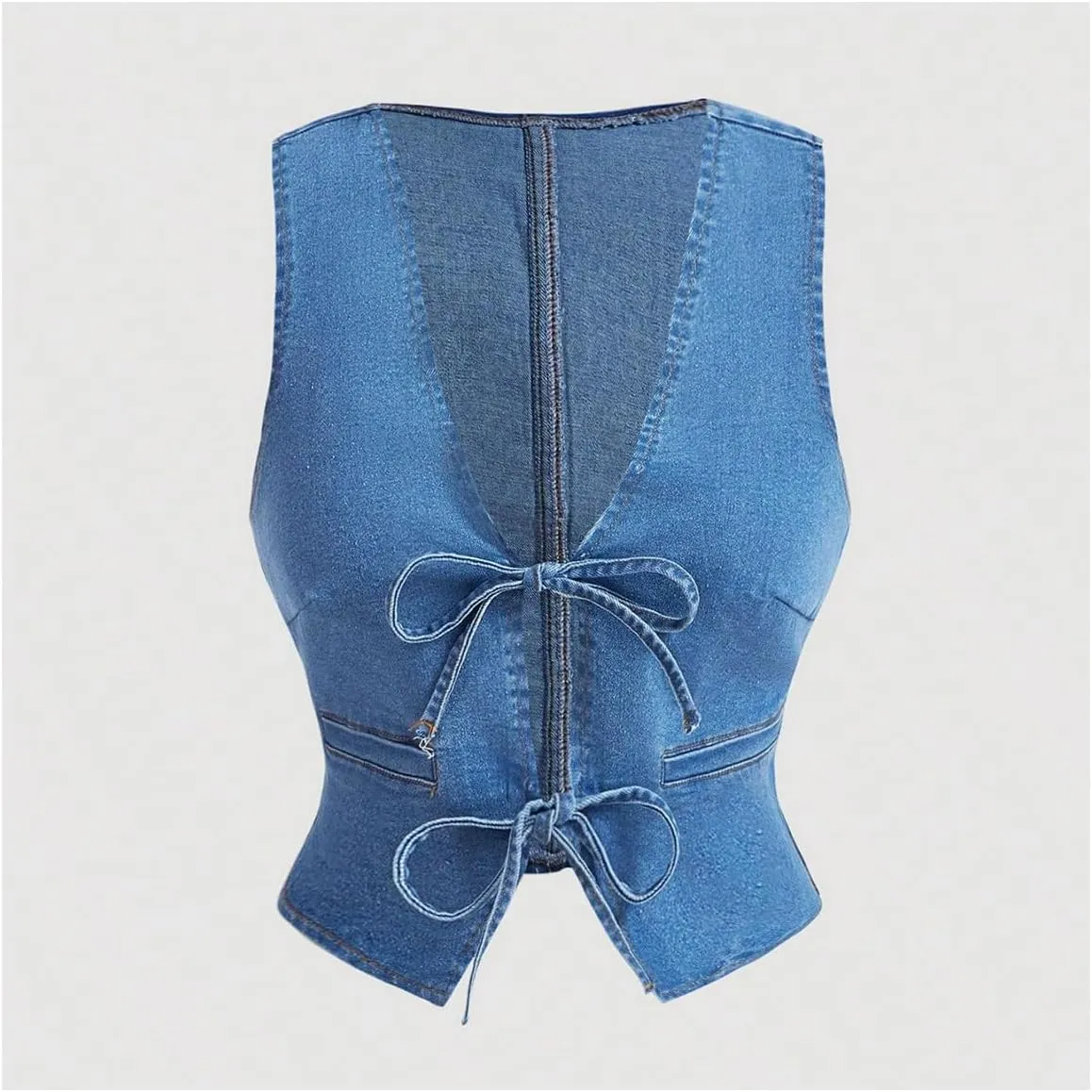 Women's Denim Crop Vest Shirts Tie Front Sleeveless Deep V Jean Waistcoast Tank Top