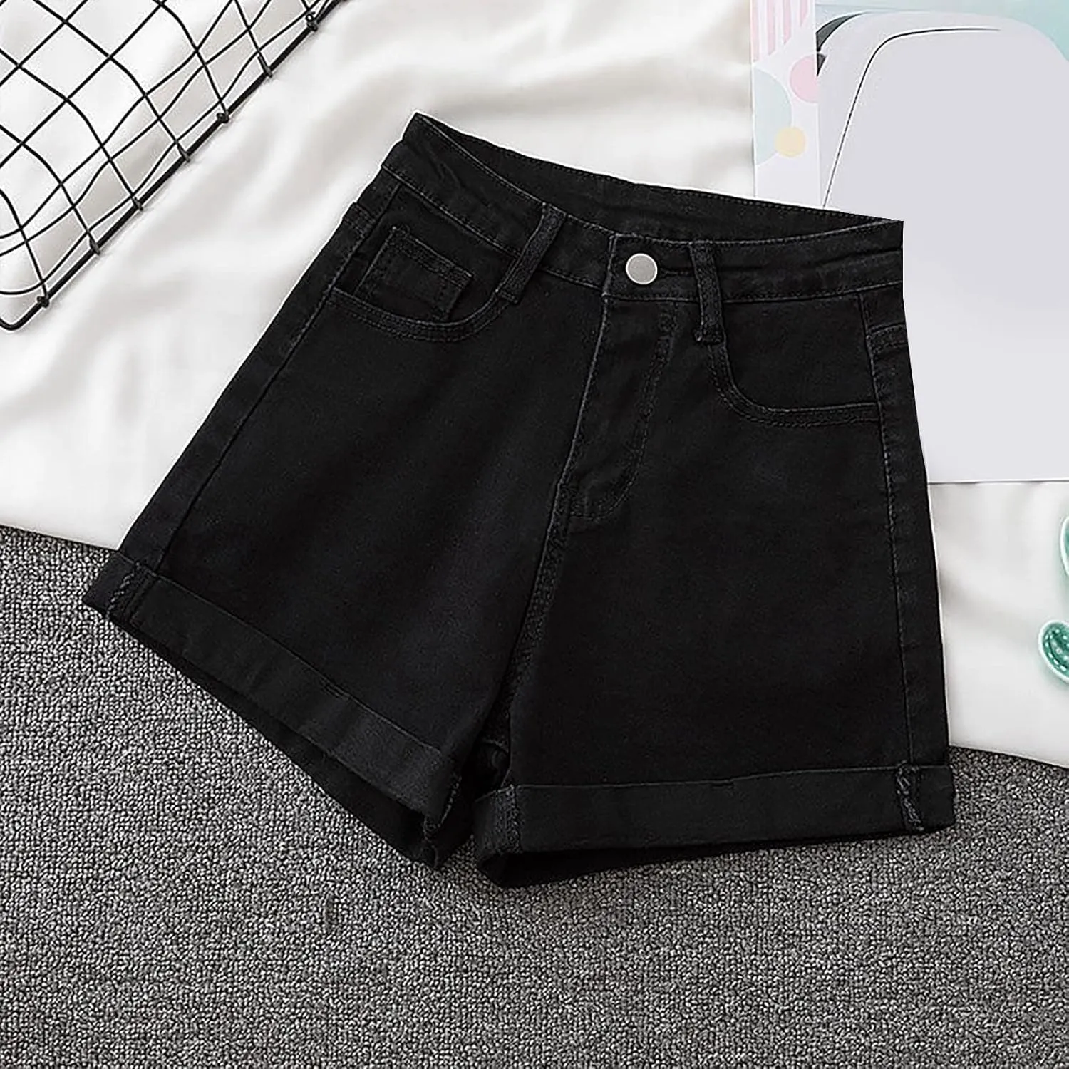 Womens Denim Shorts High Waisted Stretchy Cuffed Jean Shorts Casual Rolled Cuff Cut Off Jeans Short Summer Beach Pants