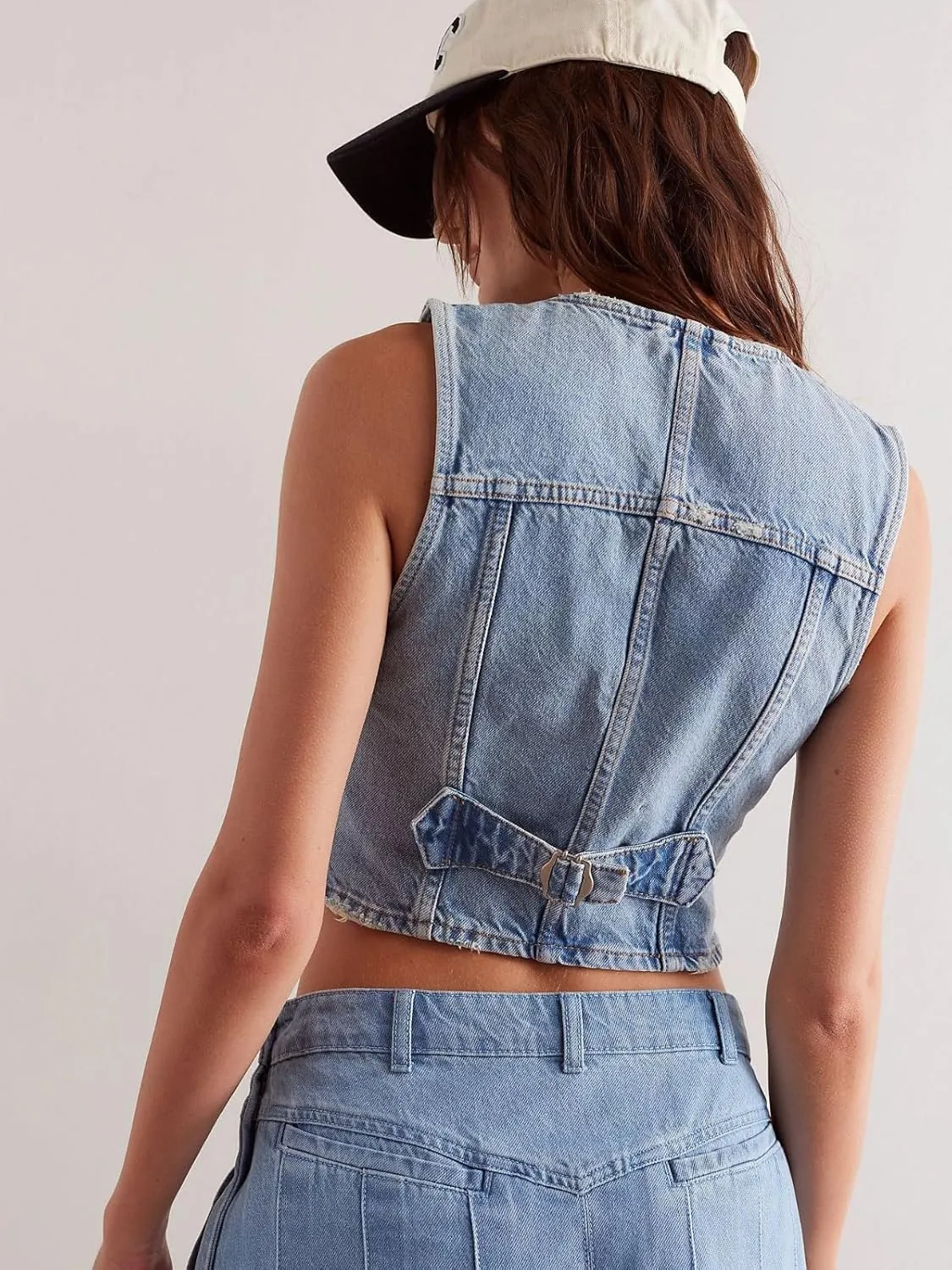 Women's Denim Vest - Adjustable Waist Jean Vest - Premium Washed Denim Sleeveless Jacket - Casual and Party Wear