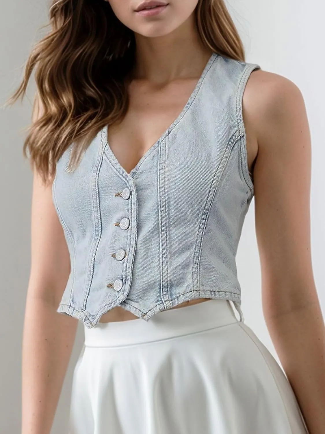 Womens Denim Vest Trendy Cropped Jean Vest Top for Women V Neck Waistcoat Jacket