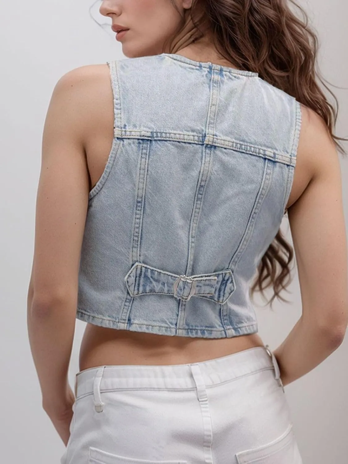 Womens Denim Vest Trendy Cropped Jean Vest Top for Women V Neck Waistcoat Jacket
