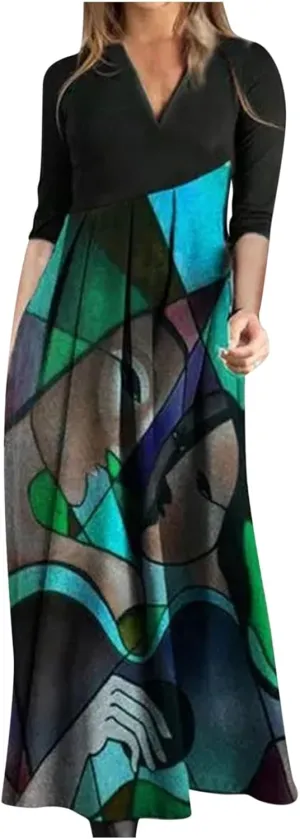 Women's Dresses Casual Fall Fashion 2024 Color Block Long Dresses Bohemian Floral Flowy Swing Cocktail Party Dresses