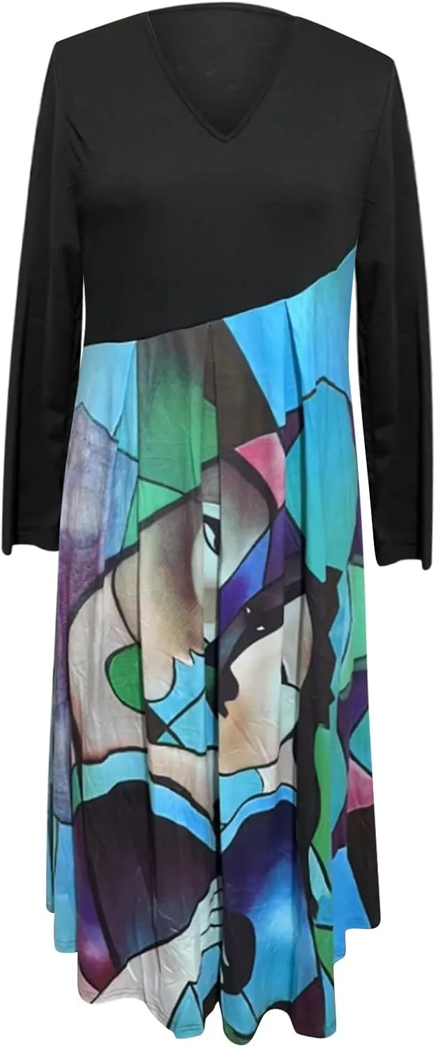 Women's Dresses Casual Fall Fashion 2024 Color Block Long Dresses Bohemian Floral Flowy Swing Cocktail Party Dresses