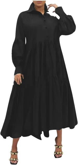 Womens Dresses Casual Fall Lapel Lantern Long Sleeve Maxi Dresses Loose Fit Solid Flowy Swing Tiered Fall Dresses Womens Fall Dress Black 2X