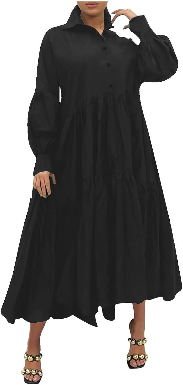 Womens Dresses Casual Fall Lapel Lantern Long Sleeve Maxi Dresses Loose Fit Solid Flowy Swing Tiered Fall Dresses Womens Fall Dress Black 2X
