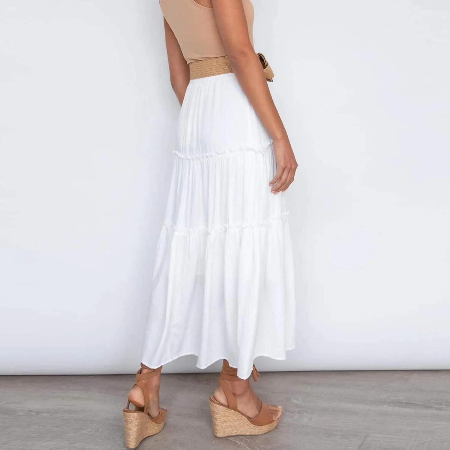 Womens Elastic High Waist Boho Maxi Skirt Ruffle A Line Swing Long Skirts Long Skirts for Women