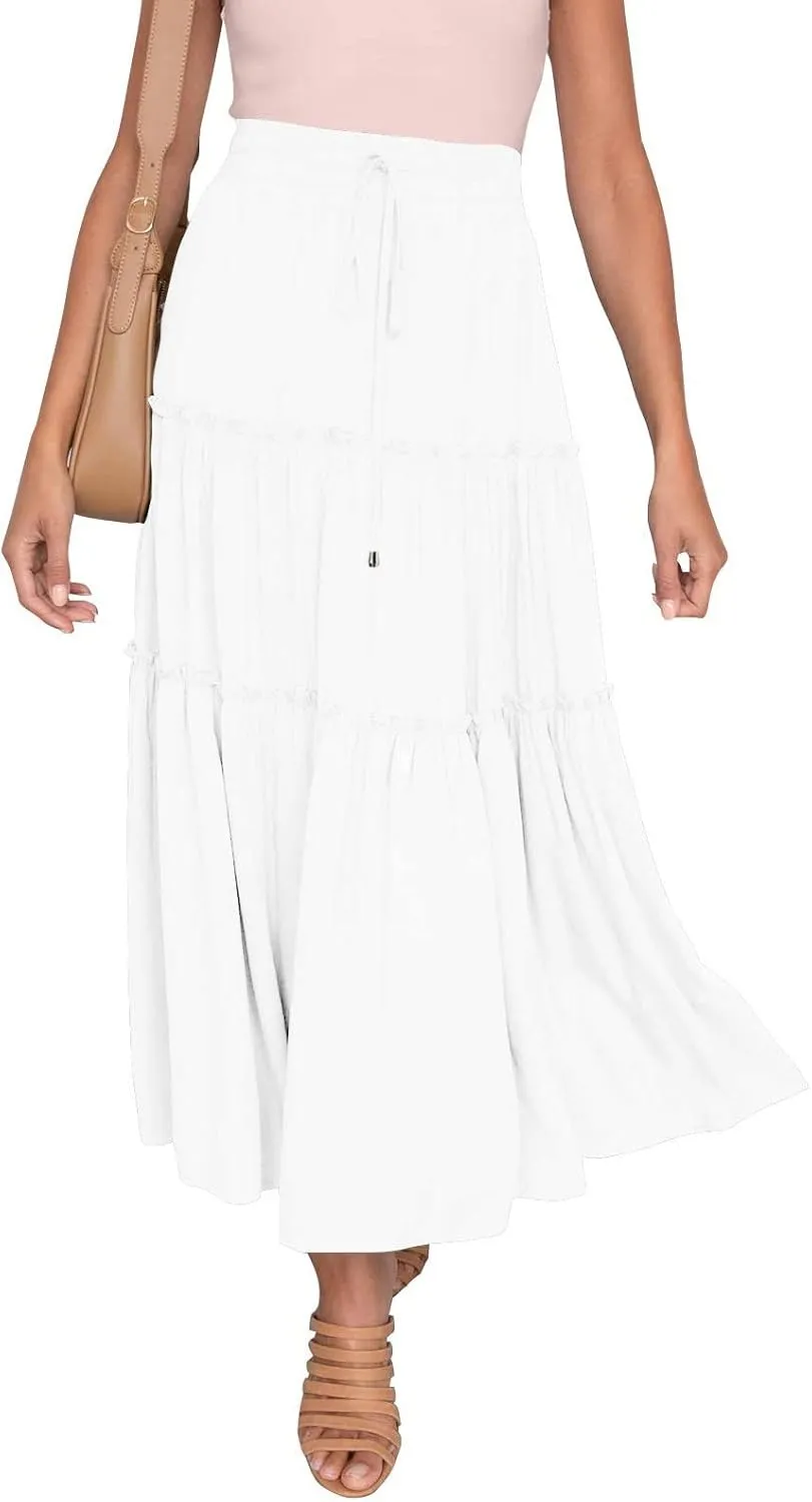 Womens Elastic High Waist Boho Maxi Skirt Ruffle A Line Swing Long Skirts Long Skirts for Women